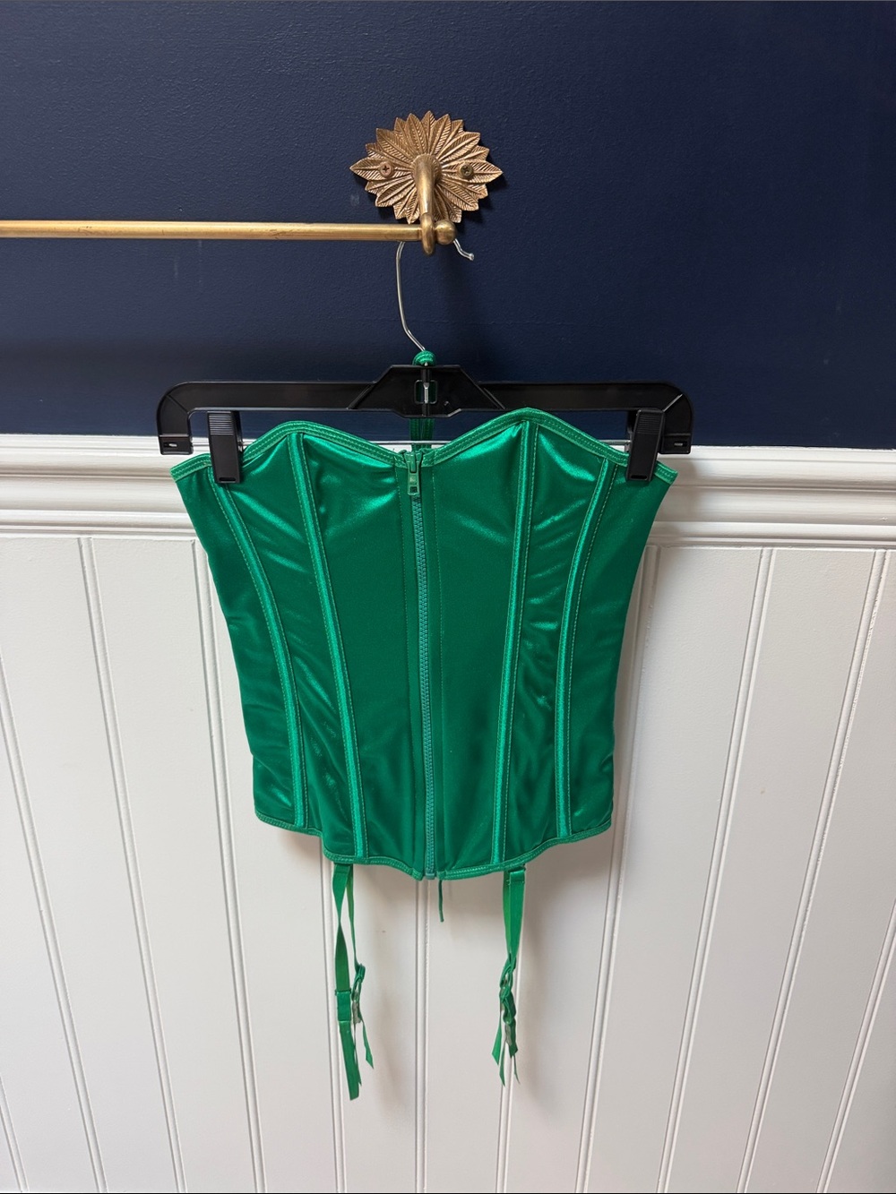 Green Satin Corset Top with Garter Straps